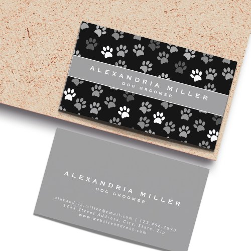 Pet Groomer  Black White  Gray Paw Prints Business Card