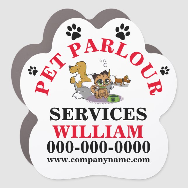 Pet groomer cartoon dog in tub cat eating DIY Car Magnet (Front)
