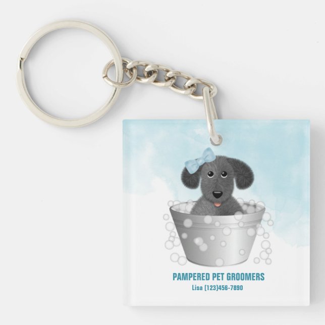 Pet Groomer Puppy In Tub   Keychain (Front)