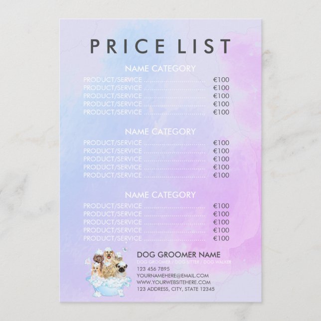Pet Groomer Sitting Dog Cat Spa Price List Menu (Front)