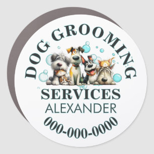 Pet groomers mobile business cute dogs round car magnet