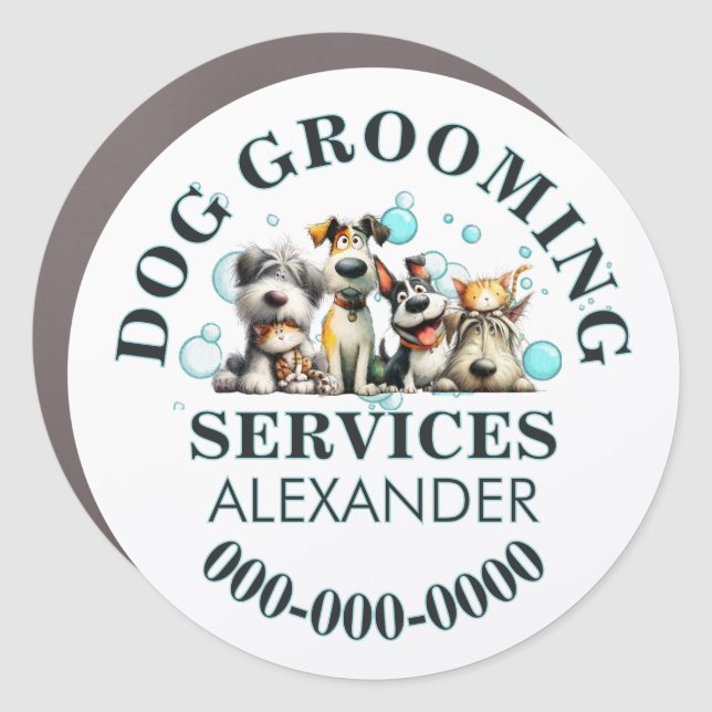 Pet groomers mobile business cute dogs round car magnet (Front)