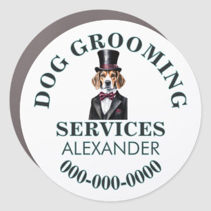 Pet groomers mobile business  tuxedo dog round car magnet