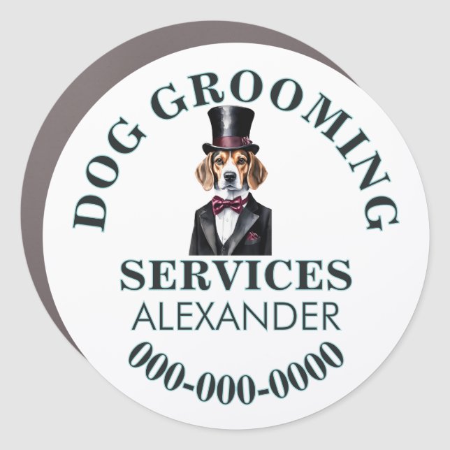 Pet groomers mobile business  tuxedo dog round car magnet (Front)