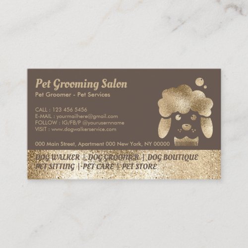 Pet Grooming Salon Gold Sparkle brown Business Card