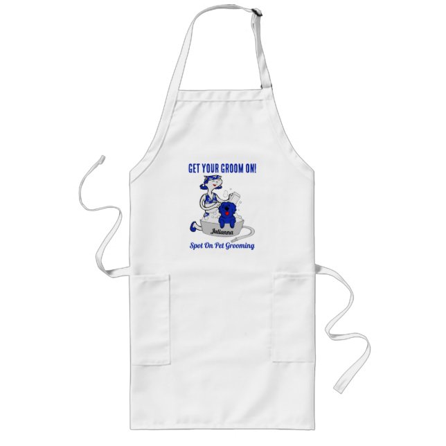 Pet Grooming Salon Name in Blue Business Long Apron (Front)