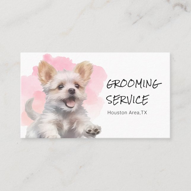 Pet Grooming Service - Pink Watercolor Dog Business Card (Front)