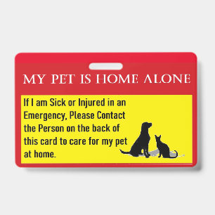 Pet home alone emergency card badge