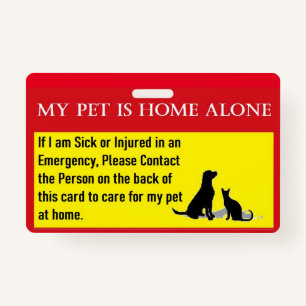 Pet home alone emergency card badge