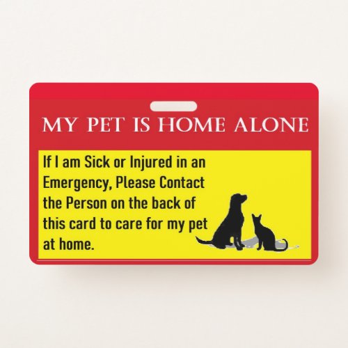Pet home alone emergency card badge