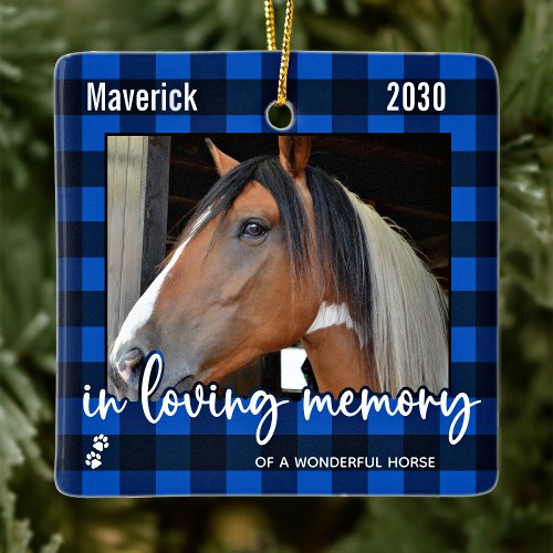 Pet Horse Memorial Blue Plaid Loving Memory Photo Ceramic Ornament