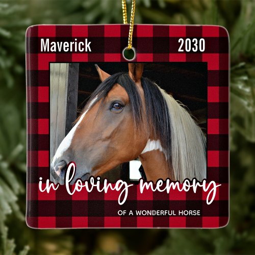 Pet Horse Memorial Red Plaid Loving Memory Photo Ceramic Ornament