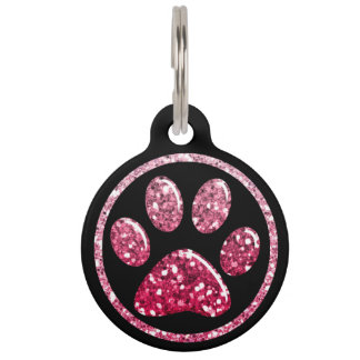 Pet ID Tag - Dark Pinks Bling Paw Print on Black