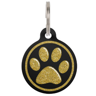 Pet ID Tag - Gold Bling Paw Print on Black