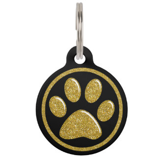 Pet ID Tag - Gold Bling Paw Print on Black