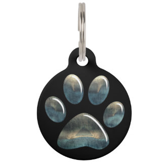 Pet ID Tag - Pewter Effect Paw Print on Black