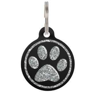 Pet ID Tag - Silver Bling Paw Print on Black
