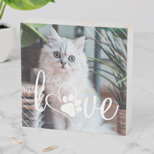 Pet Life Love  Paw Print Heart Script Quote Photo Wooden Box Sign
