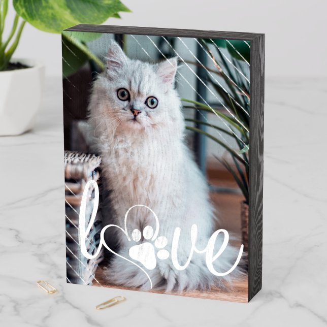 Pet Life Love | Paw Print Heart Script Quote Photo Wooden Box Sign (In Situ Vertical)