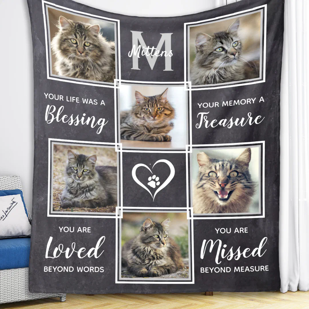 Pet Loss Cat Memorial Gift Unique Photo Collage Fleece Blanket (Creator Uploaded)