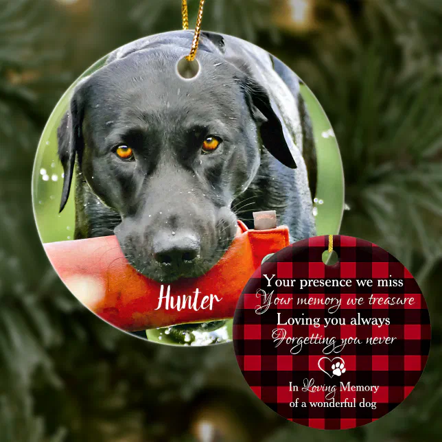 Pet Loss Dog Photo Red Buffalo Plaid Pet Memorial Ceramic Ornament | Zazzle