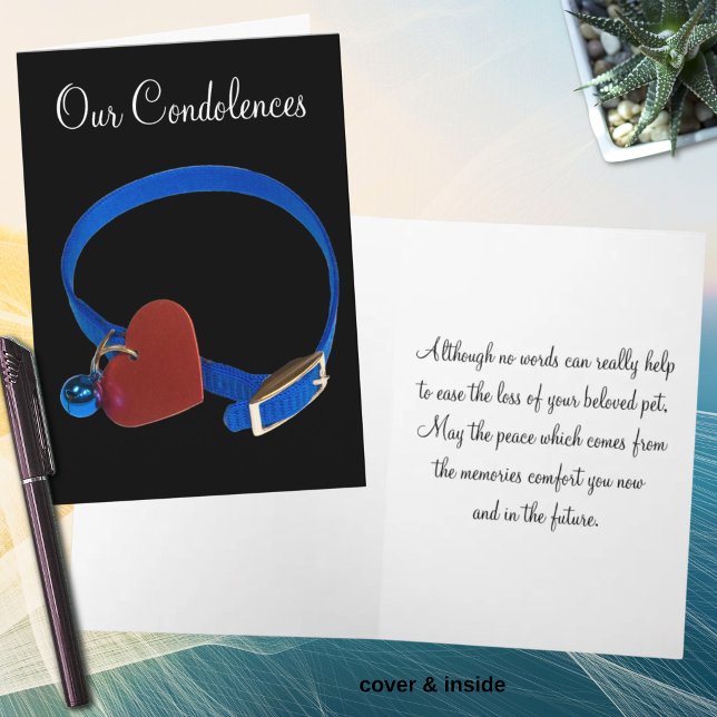 Pet Loss Sympathy Blue Collar Red Heart Template (Blue pet collar with heart sorrow greeting card)