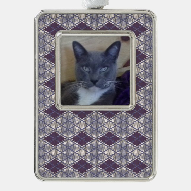 PET LOVE Framed Vert Ornament / Plum Argyle Knit (Front)