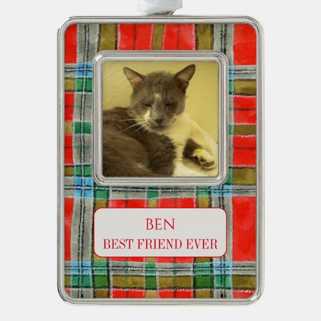 PET LOVE Framed Vert Ornament + Text MacBainPlaid (Front)