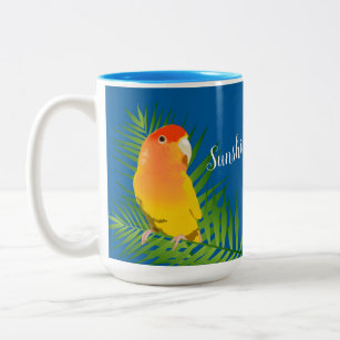 Pet Lovebird Parrot Yellow Lutino Leaves Blue Name Two-Tone Coffee Mug