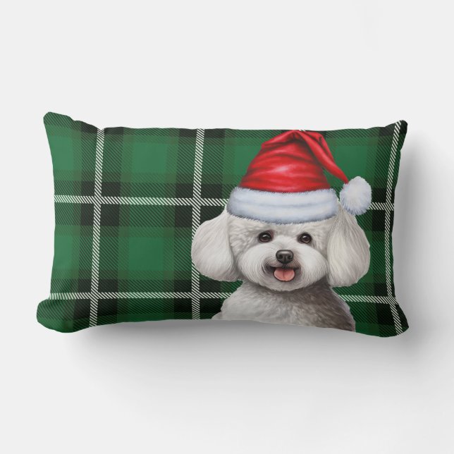 Pet Lover Christmas Bichon Frise Dog Green Plaid Lumbar Pillow (Front)