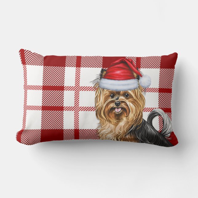 Pet Lover Christmas Biewer Terrier Dog Red Plaid Lumbar Pillow (Front)