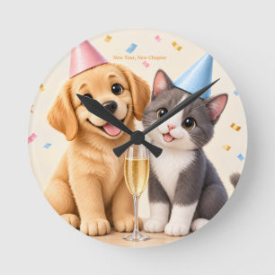 Pet Lover New Year Celebration Design Round Clock