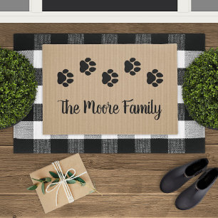 Pet Lover Paw Prints Rustic Tan Family Name Doormat