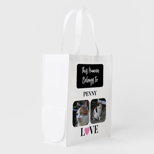Pet Lovers 2 photo black pink name shopping Grocery Bag