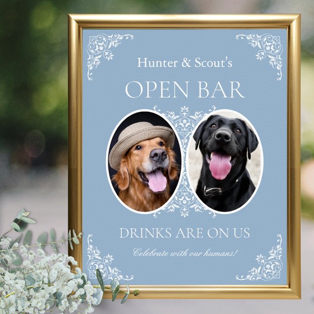 Pet Lovers Blue Coastal Chic Wedding Open Bar Sign (dusty blue elegant wedding open bar sign for pet lovers with 2 dog cat photos and celebrate humans)