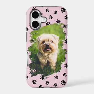 Pet Lovers Custom Photo Black Paw Prints Pink iPhone 17 Case