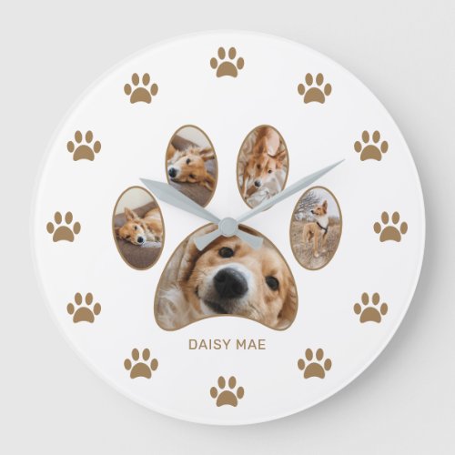 Pet Lovers Cute Gold Paw Print Name Photo Collage Large Clock