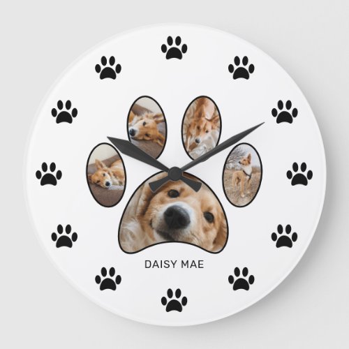 Pet Lovers Cute Paw Print Name Photo Collage Large Clock