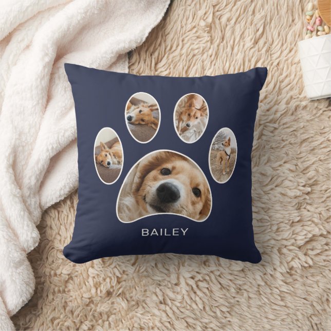 Pet Lovers Cute Paw Print Name Photo Collage Navy Throw Pillow (Blanket)