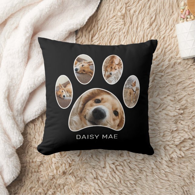 Pet Lovers Cute Paw Print Name Photo Collage Throw Pillow (Blanket)