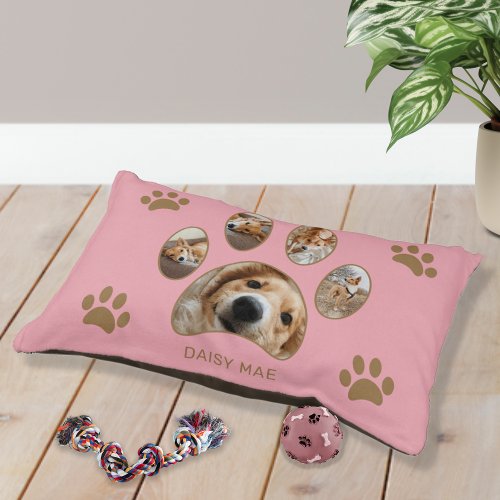 Pet Lovers Gold Paw Print Name Photo Collage Pink Pet Bed