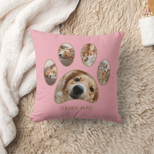 Pet Lovers Gold Paw Print Name Photo Collage Pink Throw Pillow (Blanket)