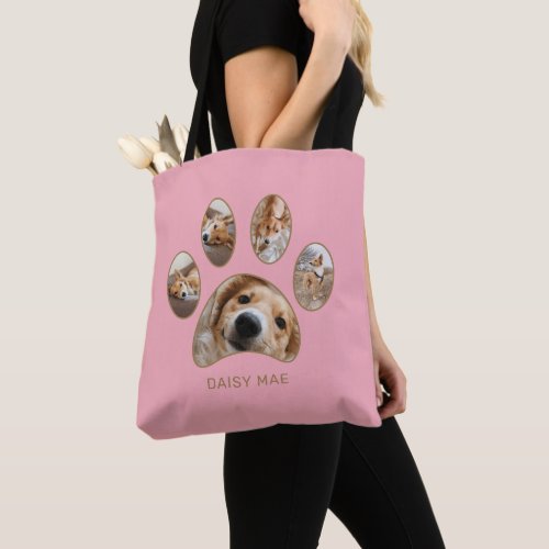 Pet Lovers Gold Paw Print Name Photo Collage Pink Tote Bag
