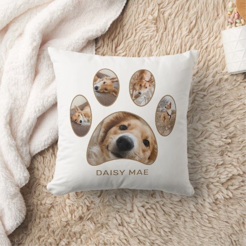 Pet Lovers Gold Paw Print Name Photo Collage Throw Pillow