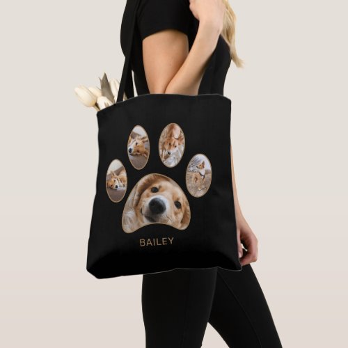 Pet Lovers Gold Paw Print Name Photo Collage Tote Bag