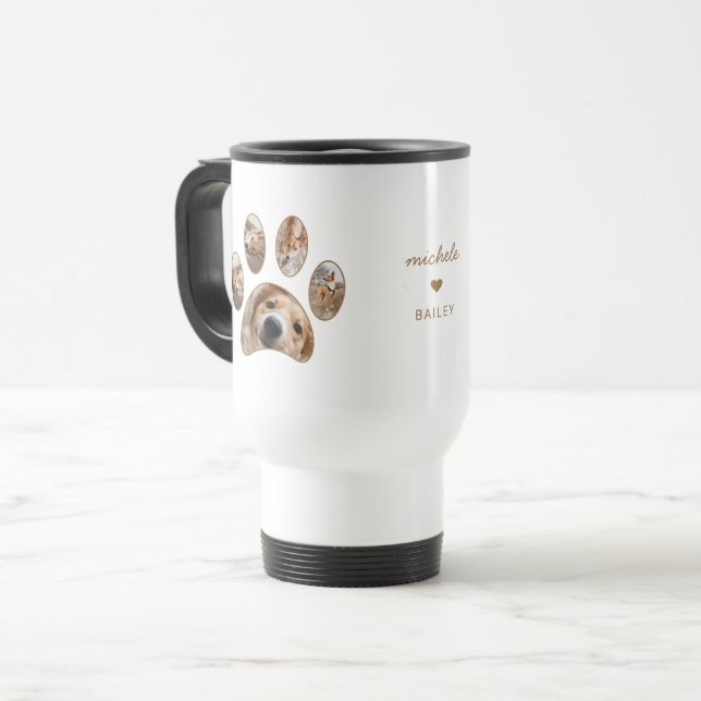 Pet Lovers Gold Paw Print Name Photo Collage Travel Mug (Front Left)
