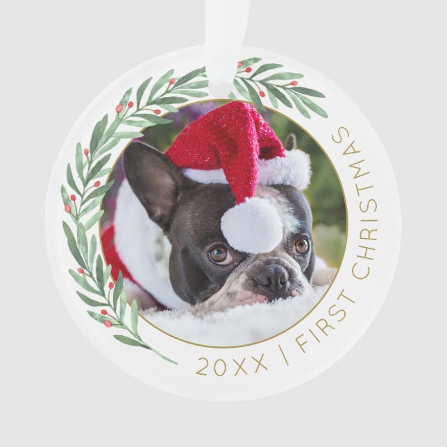 Pet Lovers Green & Gold Our First Christmas Photo Ornament (Front)