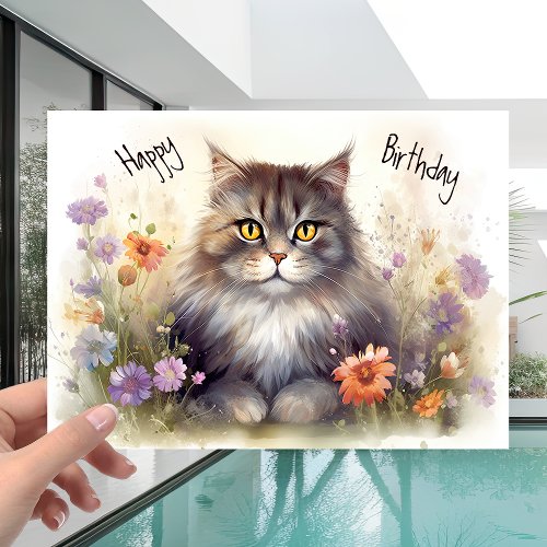 Pet Lovers Kitty Cat in Colorful Flowers Birthday Card