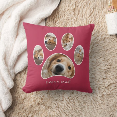 Pet Lovers Magenta Paw Print Name Photo Collage Throw Pillow