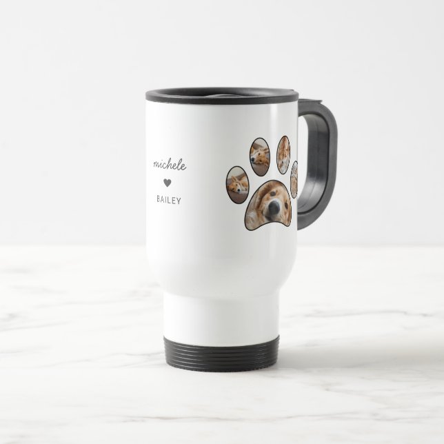 Pet Lovers Paw Print Custom Name Photo Collage Travel Mug (Front Right)